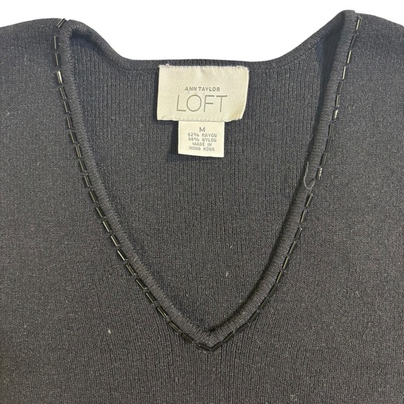 Ann Taylor LOFT V-Neck Sweater Beaded Trim Knit Top Pullover Black Medium* - Picture 4 of 9